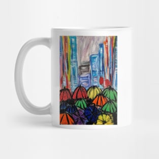 People moving through the city in the rain Mug